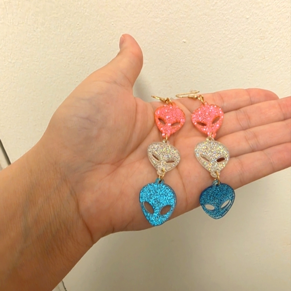 Alien Face Dangle Earrings - Pink, Silver, and Blue